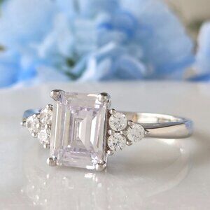 Emerald-cut morganite stone ring, 925 Sterling Silver Ring, Engagement Style